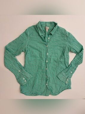 J. Crew Green and White Gingham Perfect Fit Button-Up Shirt 8